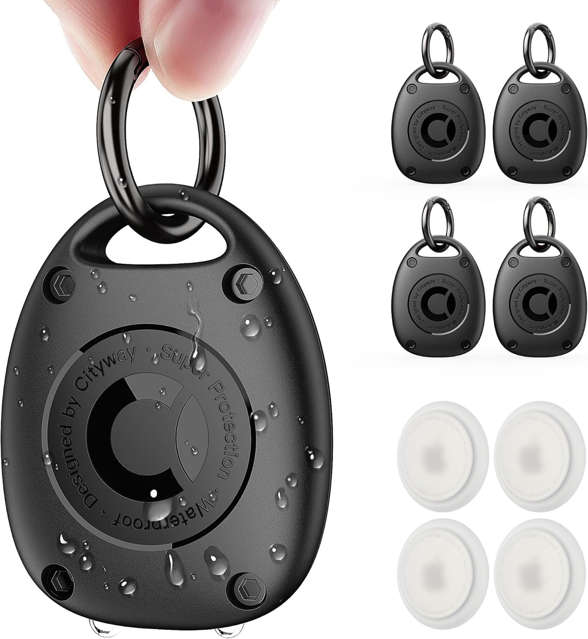 (4 Pack) AirTag Keychain Holder Case, IPX8 Waterproof Portable Cover for Dog Collar, Backpack, Keys - Black