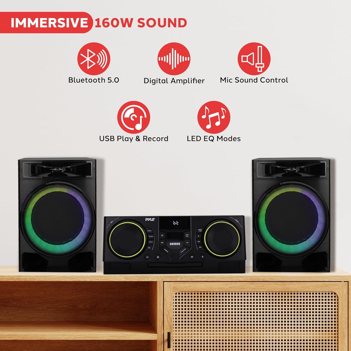 Pyle CD Stereo System with Bluetooth, MP3/DVD/CD Playback, Dual USB Recording CD Player with Speakers, Black Mini Stereo System with Subwoofer, FB Radio, 160W Digital Amplifier & Remote Control