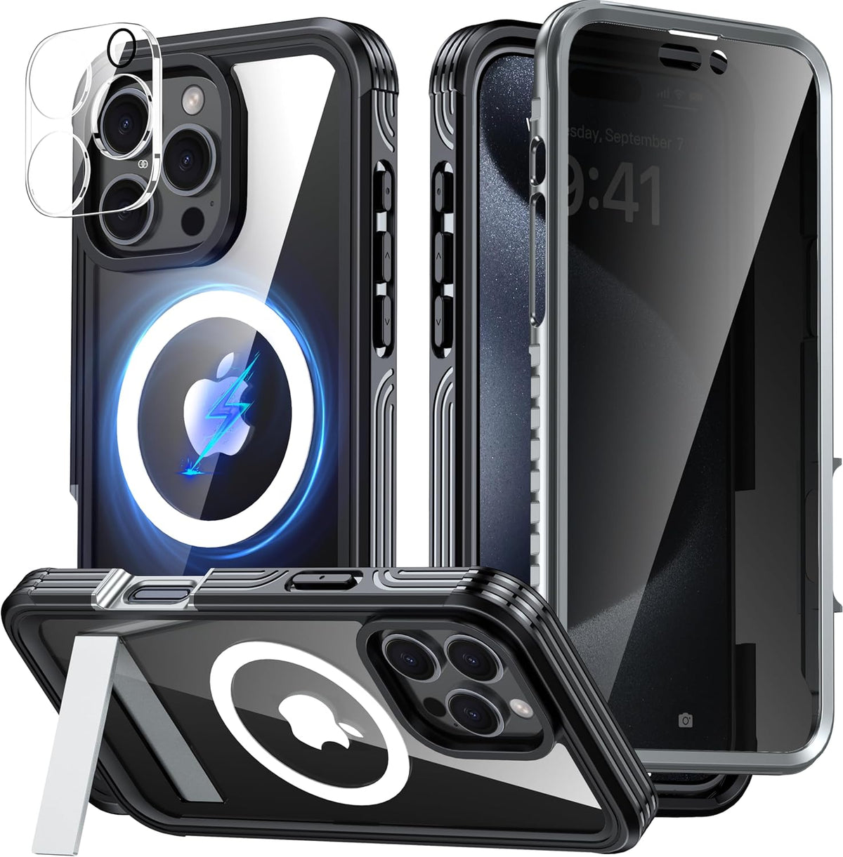 360° Protection Magnetic for iPhone 16 Pro Case Built-in 9H Privacy Screen Protector & Metal Stand[Fit for Magsafe][Anti-Spy][Lens Protector] Heavy Duty Shockproof Phone Case for iPhone 16 Pro