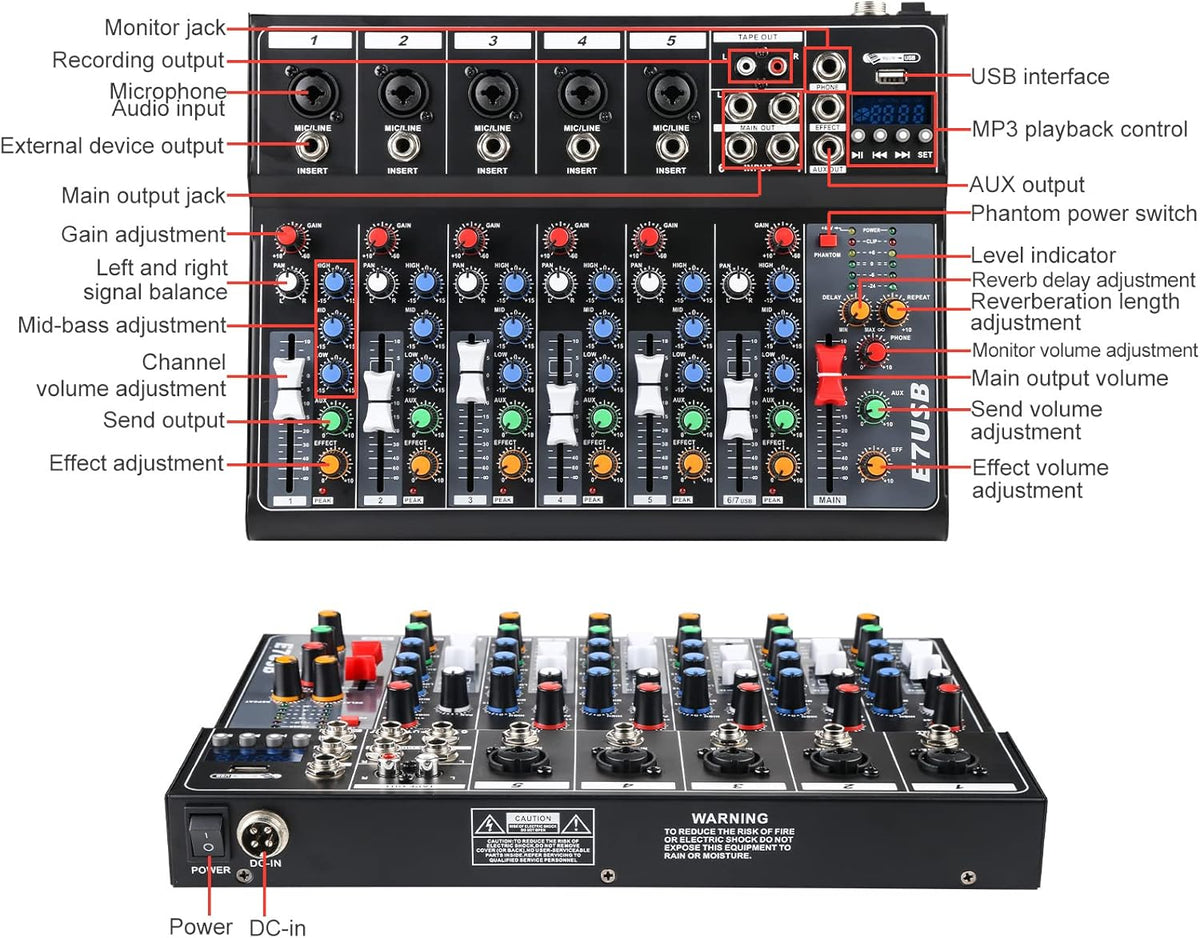 Dj Mixers 7 Channel Audio Mixer Sound Board with Bluetooth, Usb Audio Interface with 48V Phantom Power Sounds Mixer Board with FX Reverb Delay Effect for Streaming