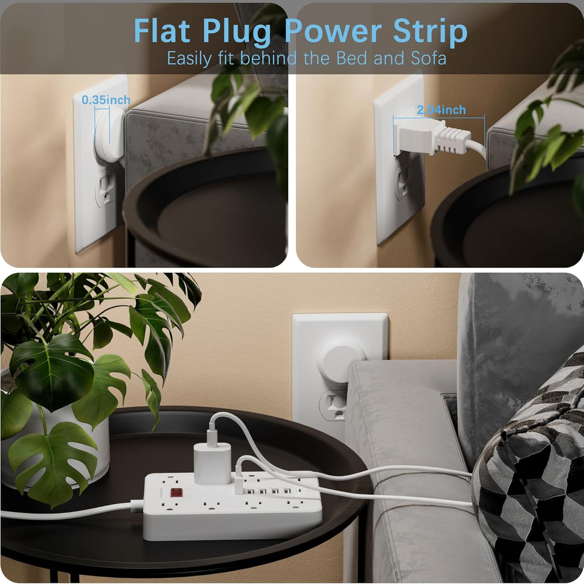 10 Ft Long Extension Cord,Power Strip Surge Protector HUNIAN Flat Plug with 8 Widely Spaced Outlets 6 USB(1 USB C Port), Wall Mount Charging Station for Home and Office,White