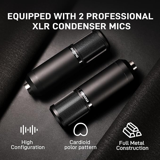 MAONO Podcast Equipment Bundle for 2: Audio Interface Mixer with 2 XLR Condenser Mic Noise Reduction Podcast Streaming MaonoCaster E2 Gen2B