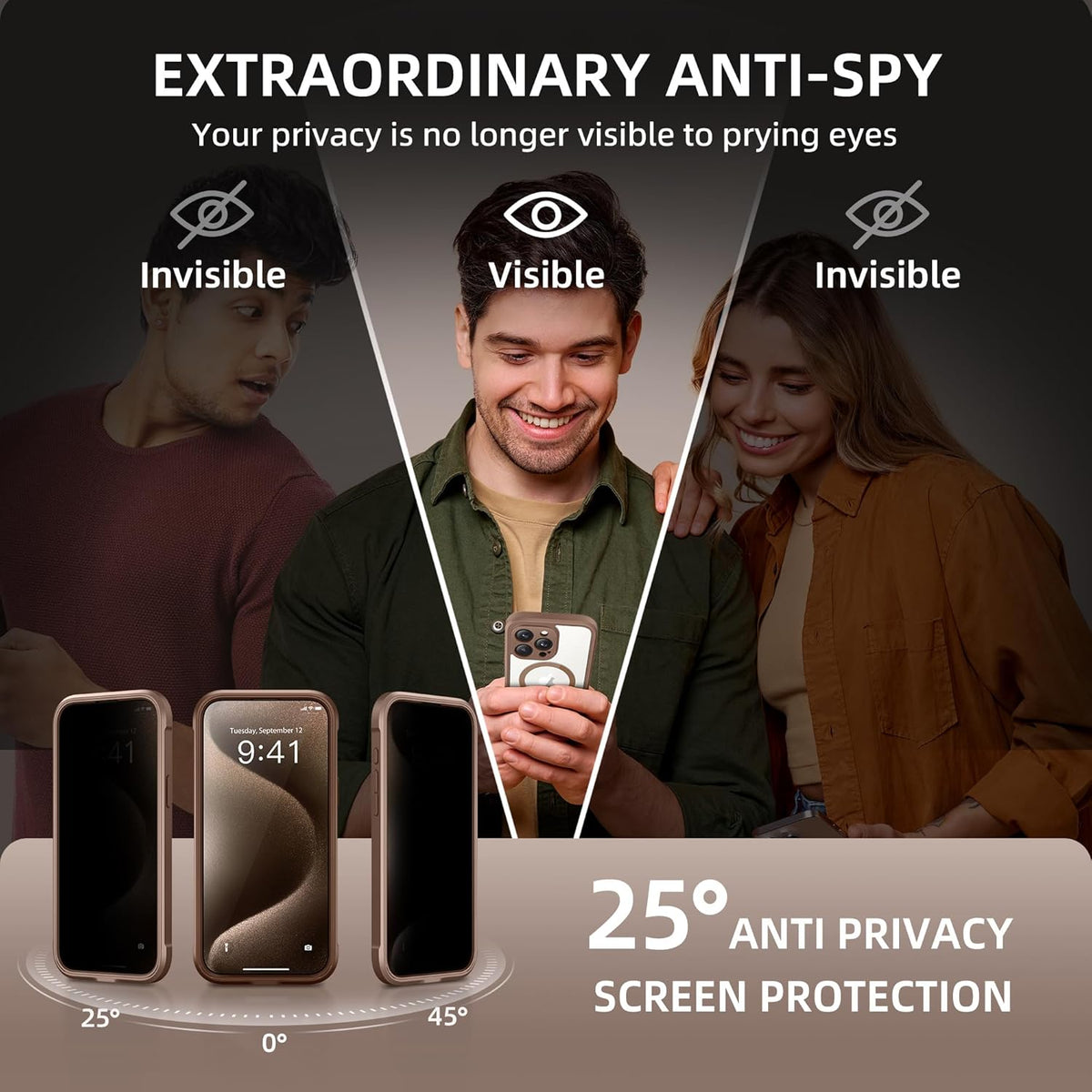 Magnetic for iPhone 15 Pro Max Case, Compatible with MagSafe, Built-in Privacy Screen Protector and Camera Protection, Anti Spy Full Body Dustproof Shockproof Hard Phone Case 6.7", Brown