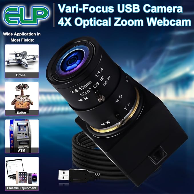 5mp USB Camera with Zoom 2.8-12mm Lens Webcam Variable Focus PC Camera Mini UVC USB2.0 USB with Camera for Computer Manual Zoom Close-up Camera Industrial Varifocal Web Camera for Raspberry Pi Laptop