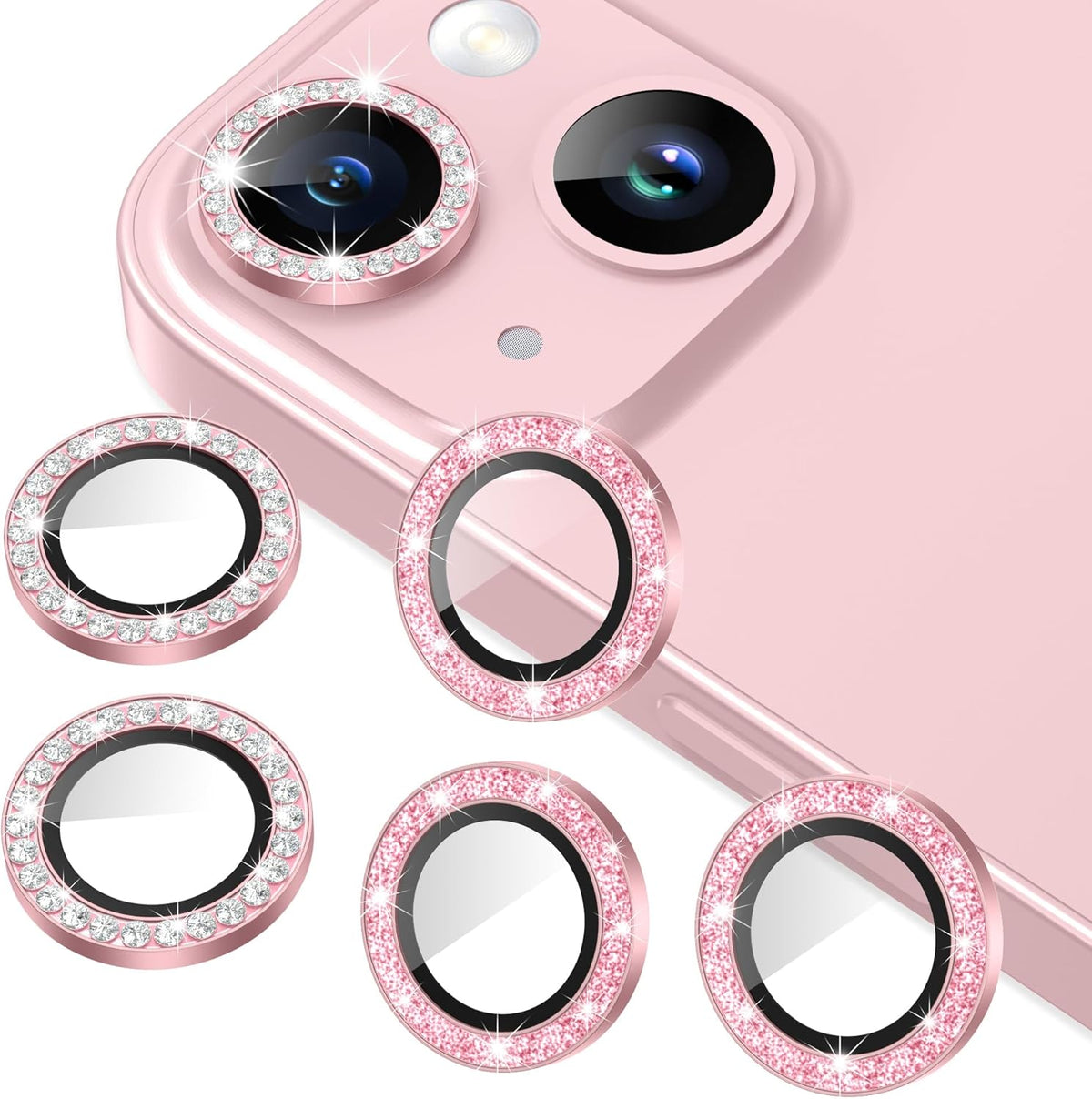 AGVEE 3+3 6 Pack Camera Lens Protector Compatible with iPhone 15/15 Plus, Bling Diamond & Glitter Metal Ring 9H Tempered HD Glass Camera Protector Cover Film, Bling-Pink