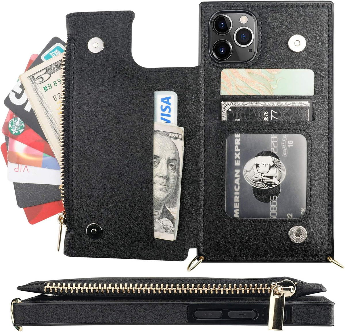 Bocasal Crossbody Wallet Case for iPhone 11 Pro with Card Holder,Zipper Card Slot Protector Shockproof Purse Cover with Removable Cross Body Strap 5.8 Inch(Black)