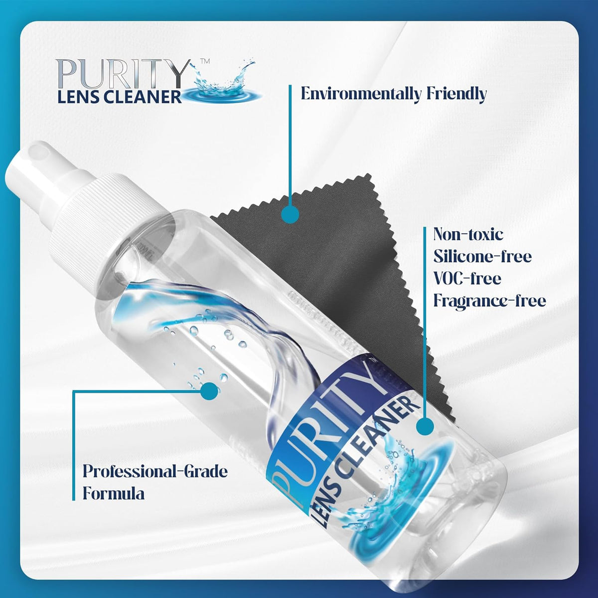 Purity Eyeglass Cleaner Mega Pack - Multi-Size Lens Cleaner Kit - 2x2oz, 3x8oz Bottles + 5 Black Premium Microfiber Cloths - Safe for All Lenses, Eyeglasses, and Screens - Streak-Free Formula