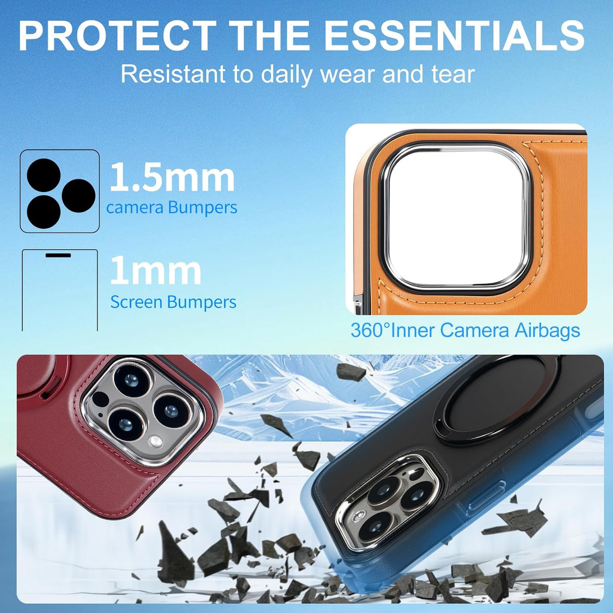 Leather Case, Suitable for iPhone 15 Pro Max Case, Invisible Magnetic Design, Equipped with a Lanyard and Foldable Stand, Black, Yellow and red (Black, iPhone 15 Pro Max)