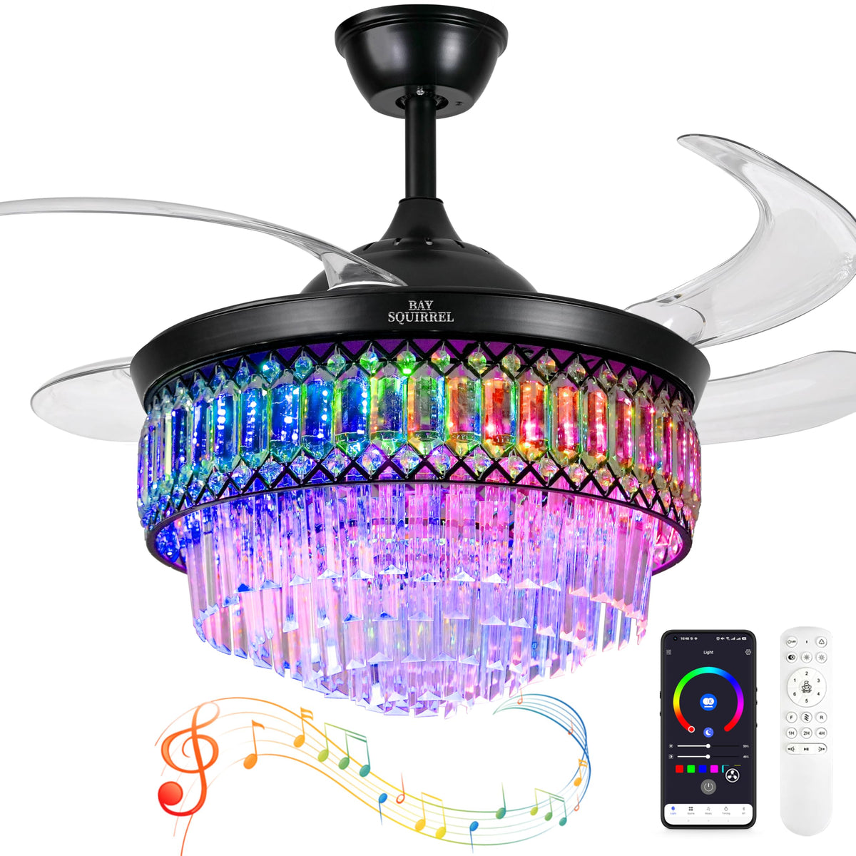 BAYSQUIRREL Retractable Crystal Ceiling Fan with Lights, Bluetooth Ceiling Fan with Speaker, 6-Speed Reversible Blades, RGB-LED