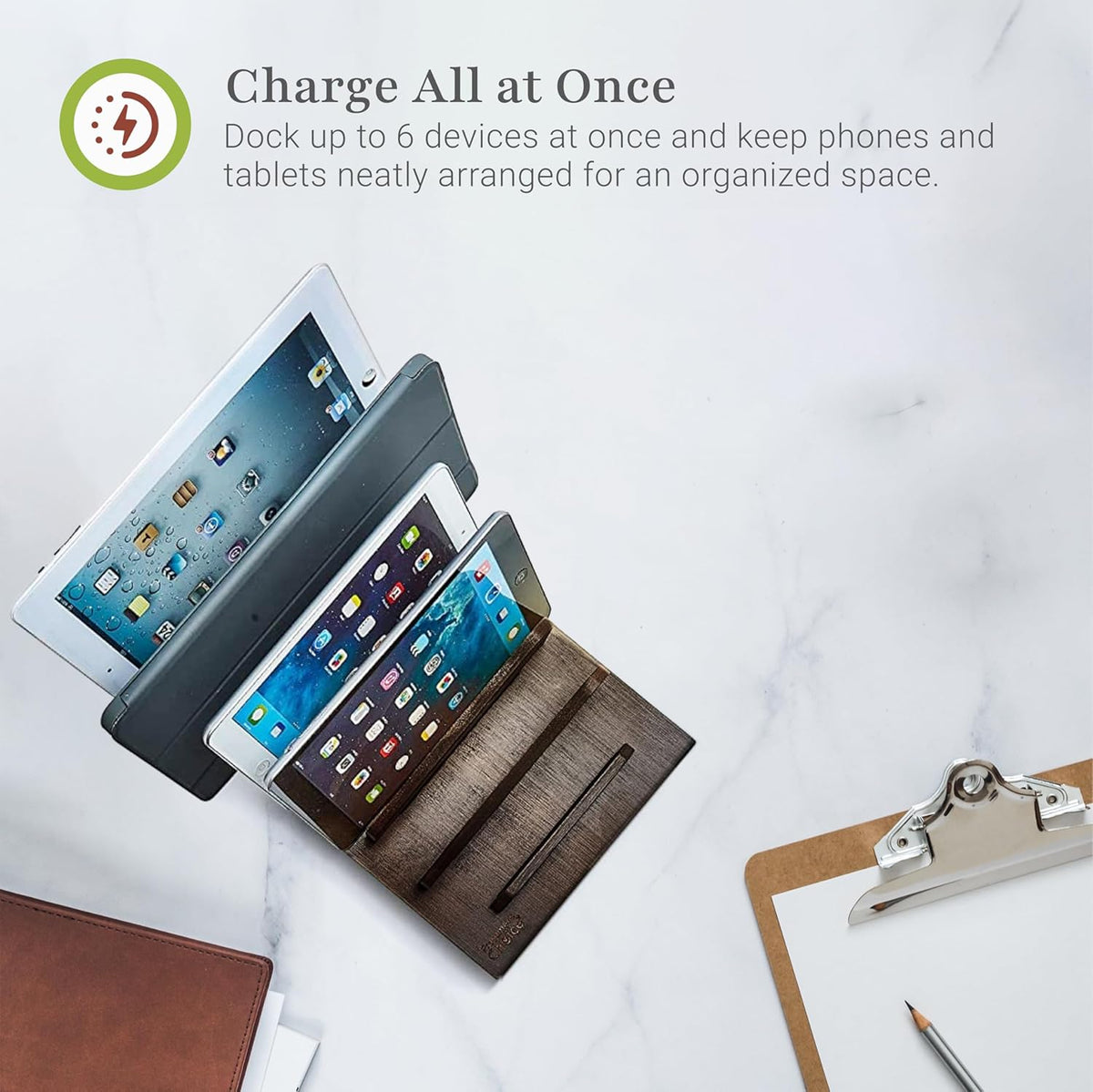 Prosumer's Choice Multi Device Charging Station Wood - Desktop Organizer with Holder for Multiple Phones - Elegant Wooden Desk Accessories - 6 Device Charging Station for Work from Home and Office