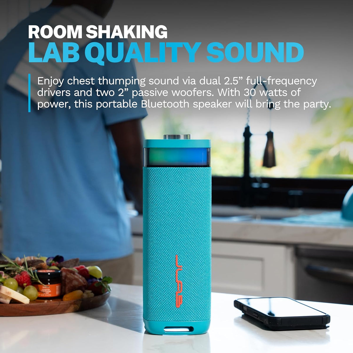 JLab JBuds Party Portable Bluetooth Speaker, 2 Full-Range Drivers + 2 Passive Woofers, IP56 Waterproof, 12 Hours Playtime, Connect Multiple Speakers, Custom Sound + RGB Lighting via App, Cyan