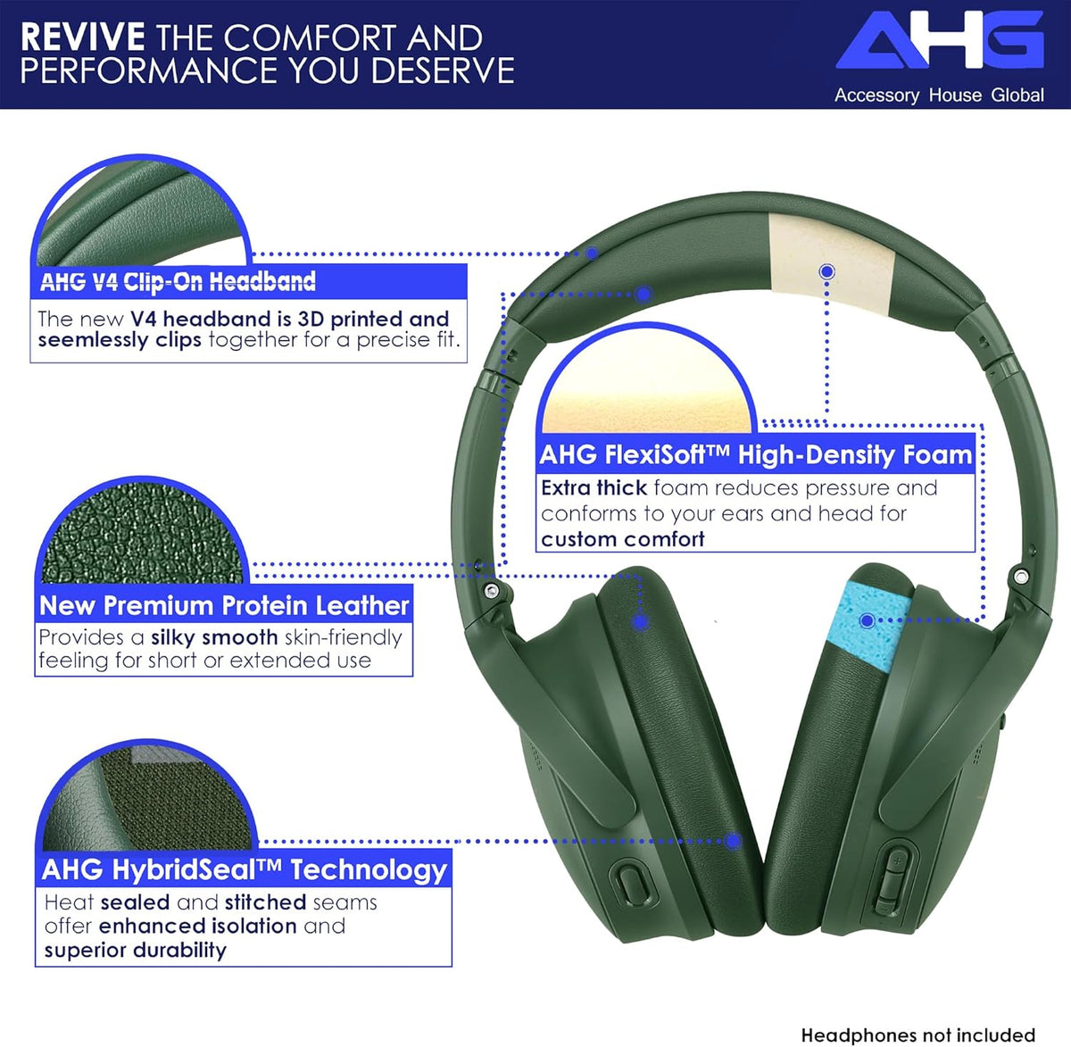 Replacement QC Ear Pad and Headband Pad Kit Cushion. Compatible with Bose QuietComfort 2023 QC45 QCSE QC35 II Noise Cancelling Headphones (Cypress Green). Easy DIY Fit