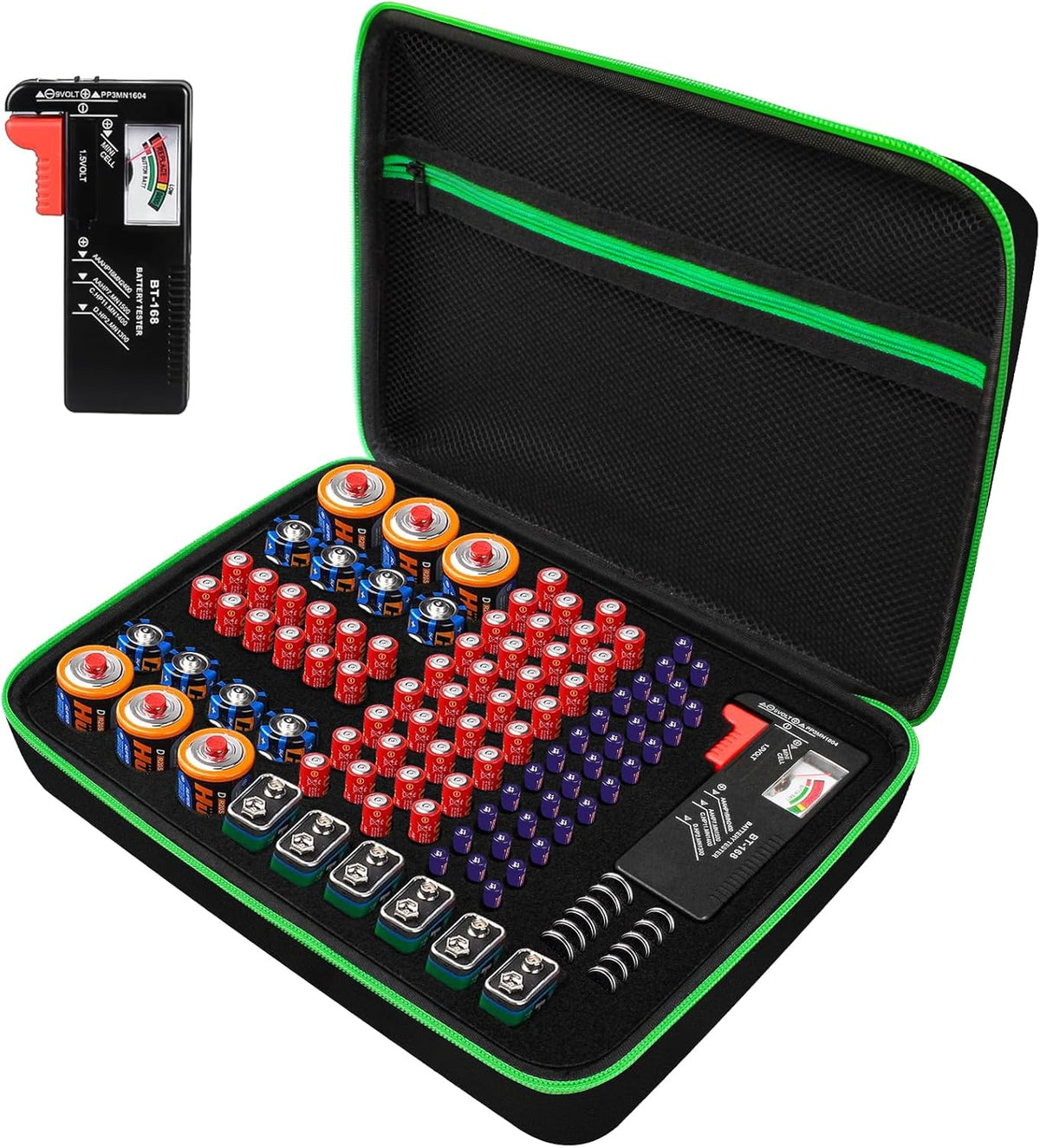 9V 7 Pack 111 Battery Organizer Storage Case with Tester for AA AAA C D Battery Holder Batteries Variety Batteries Mesh