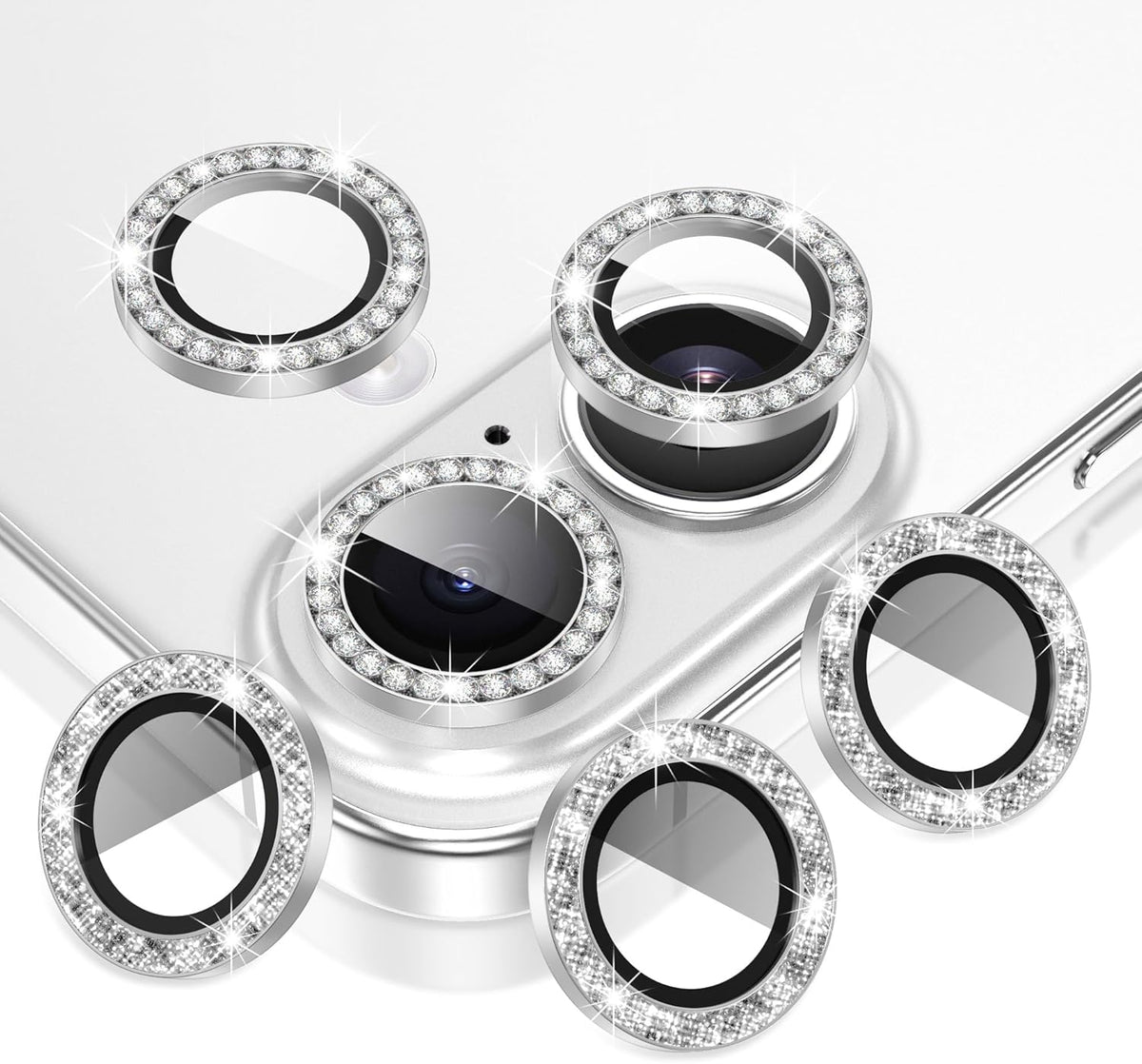 AGVEE 3+3 6 Pack for iPhone 16 6.1" / 16 Plus 6.7" Camera Lens Cover Protector, Bling Diamond & Bling Glitter Metal Ring 9H Tempered HD Glass Camera Cover Protector Film, Bling-Silver