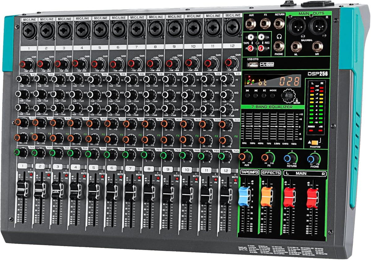 Depusheng PA12 Professional Audio Mixer Sound Board Console Desk System Interface 12 Channel Digital USB Bluetooth MP3 Computer Input 48V Phantom Power Built-in 256 Reverb Effect, Black