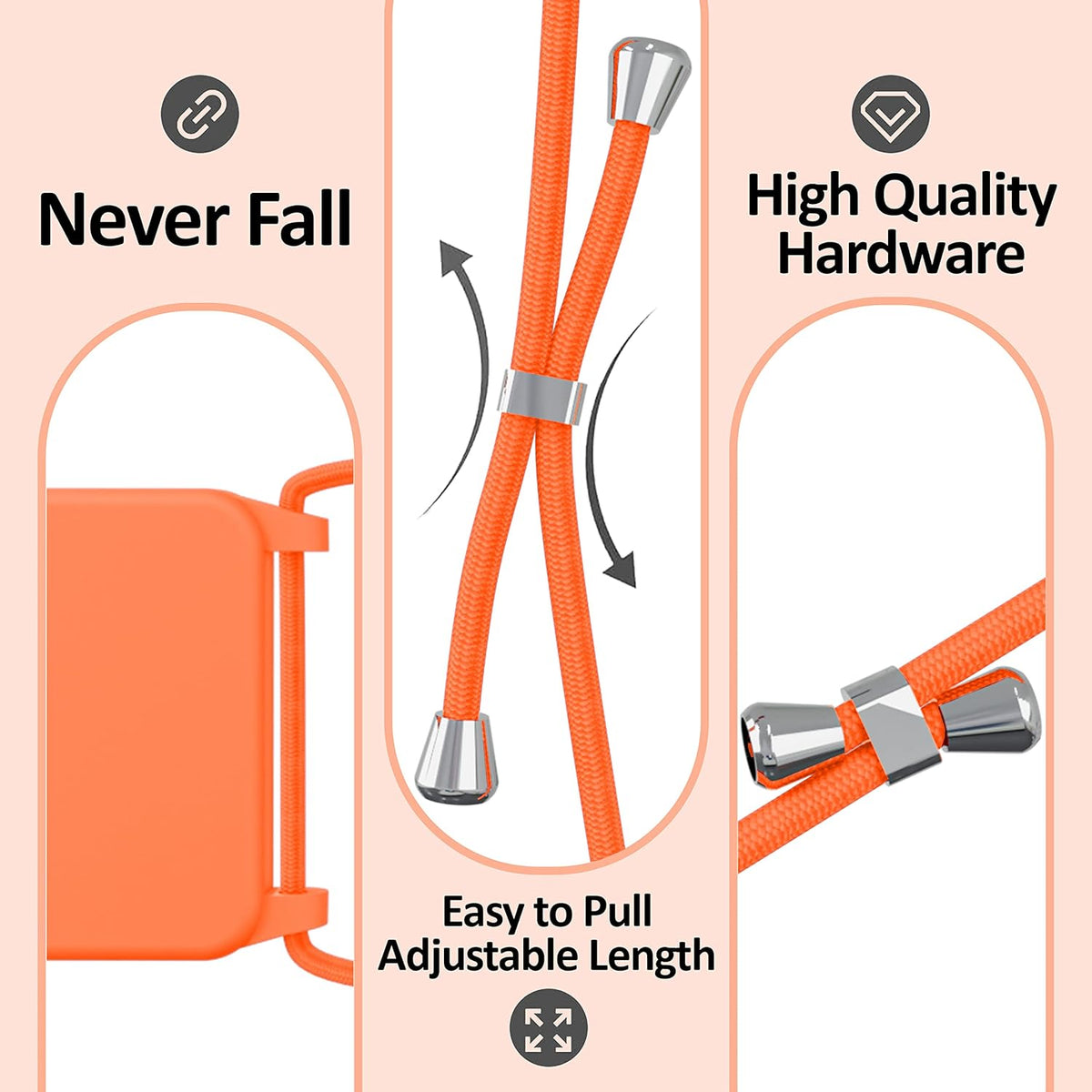 Blaspins Crossbody Lanyard Strap Case for iPhone 14, Neck Cross Body, Adjustable Holder Removable, Drop Protection Shockproof, Hands-Free Silicone Case Cover 6.1 inch, 150 cm Strap, iPhone 14 - Orange