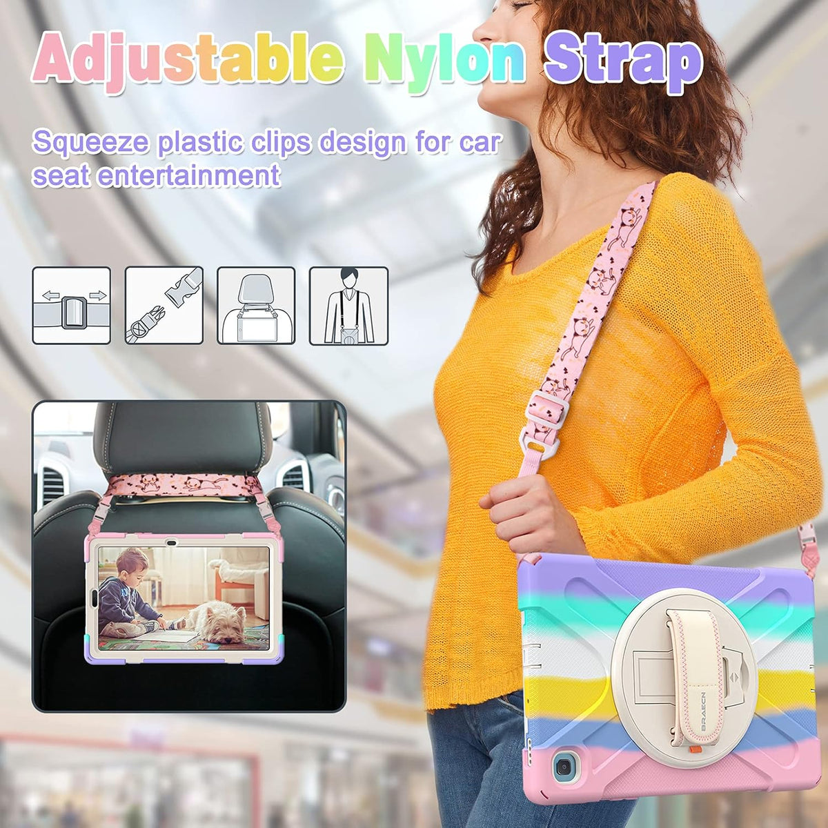 BRAECN for Galaxy Tab S6 Lite Case for Kids,Heavy Duty Rugged Shockproof Case with Hand Strap, Shoulder Strap, Stand, S Pen Holder for Samsung Galaxy Tab S6 Lite 10.4” Tablet SM-P610/P613 -Rainbow
