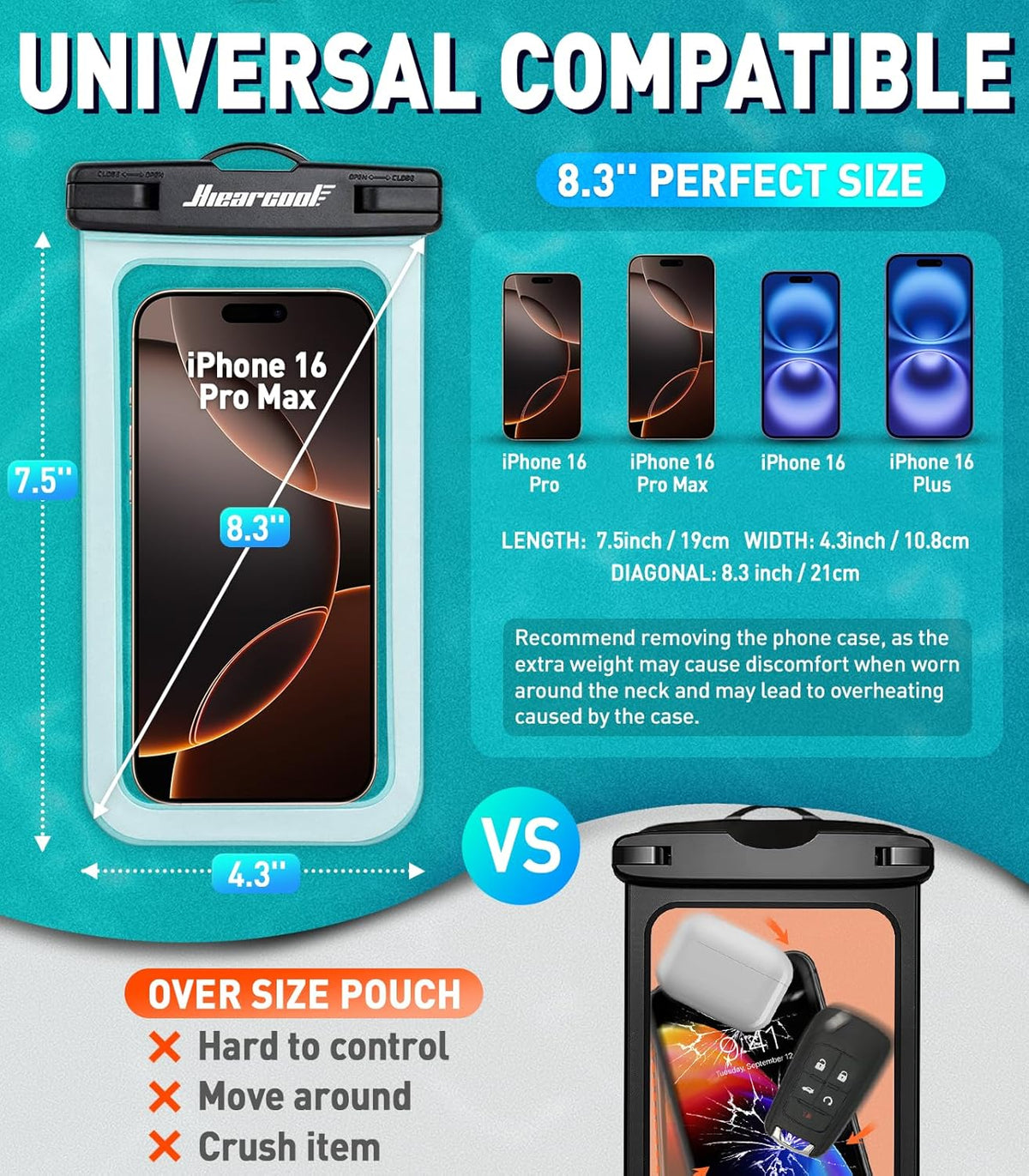 Hiearcool Waterproof Phone Pouch, Water Proof Phone Case for iPhone, Waterproof Cell Phone Dry Bag for Cruise Travel Vacation Essentials Large Waterproof Phone Holder 4 Pack-Black&Clear