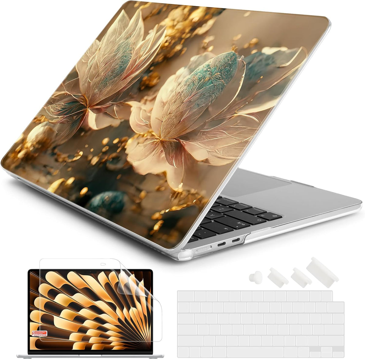 Batianda Premium Case for New MacBook Air 15 inch 2025 M4 2024 2023 with M3 M2 Chip Model A3114 A2941, Designed Protective Plastic Hardshell & Keyboard Cover & Screen Protector, 3D Flower