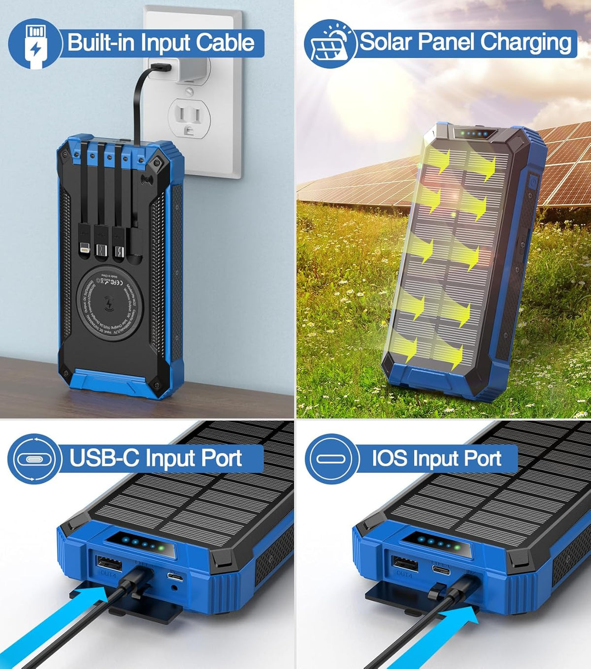 GOODaaa Power Bank Wireless Charger 36000mAh Built in 4 Cables Six Outputs 15W Fast Charging Power Bank for All Mobile Devices Three Inputs Solar Portable Charger with Dual Flashlights, Carabiner
