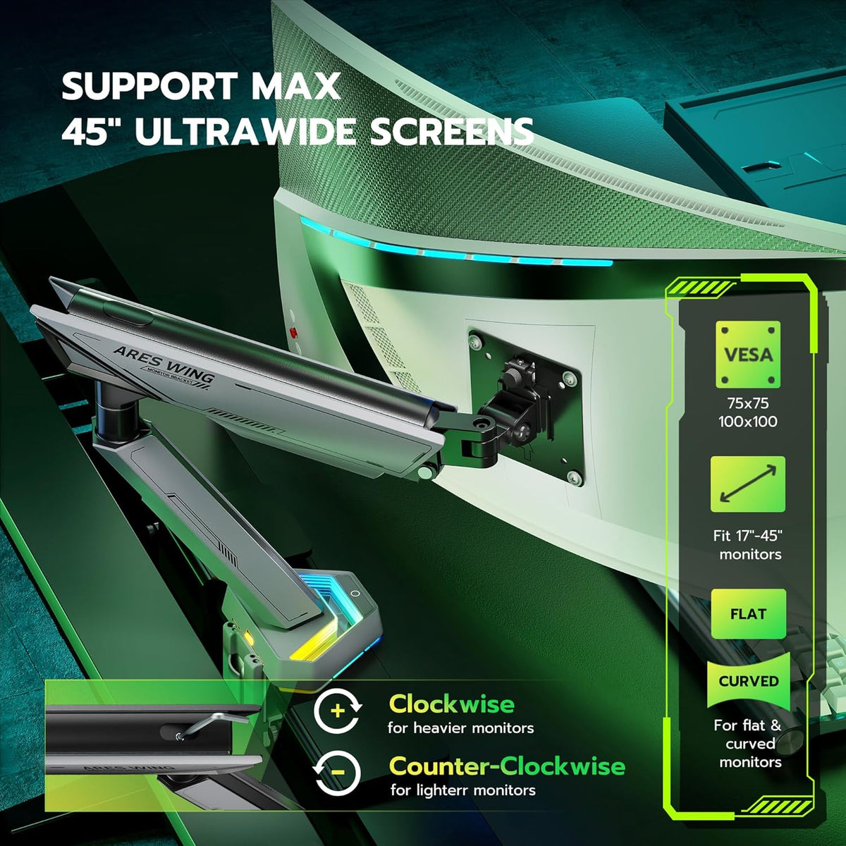 ARES WING RGB Single Monitor Arm Desk Mount for 17-45 inches Flat and Curved Monitors, Holds 35.2 lbs Heavy Duty, Adjustable Ultrawide Monitor Arm with Clamp & Grommet Base, 75/100 VESA Mount, Gray