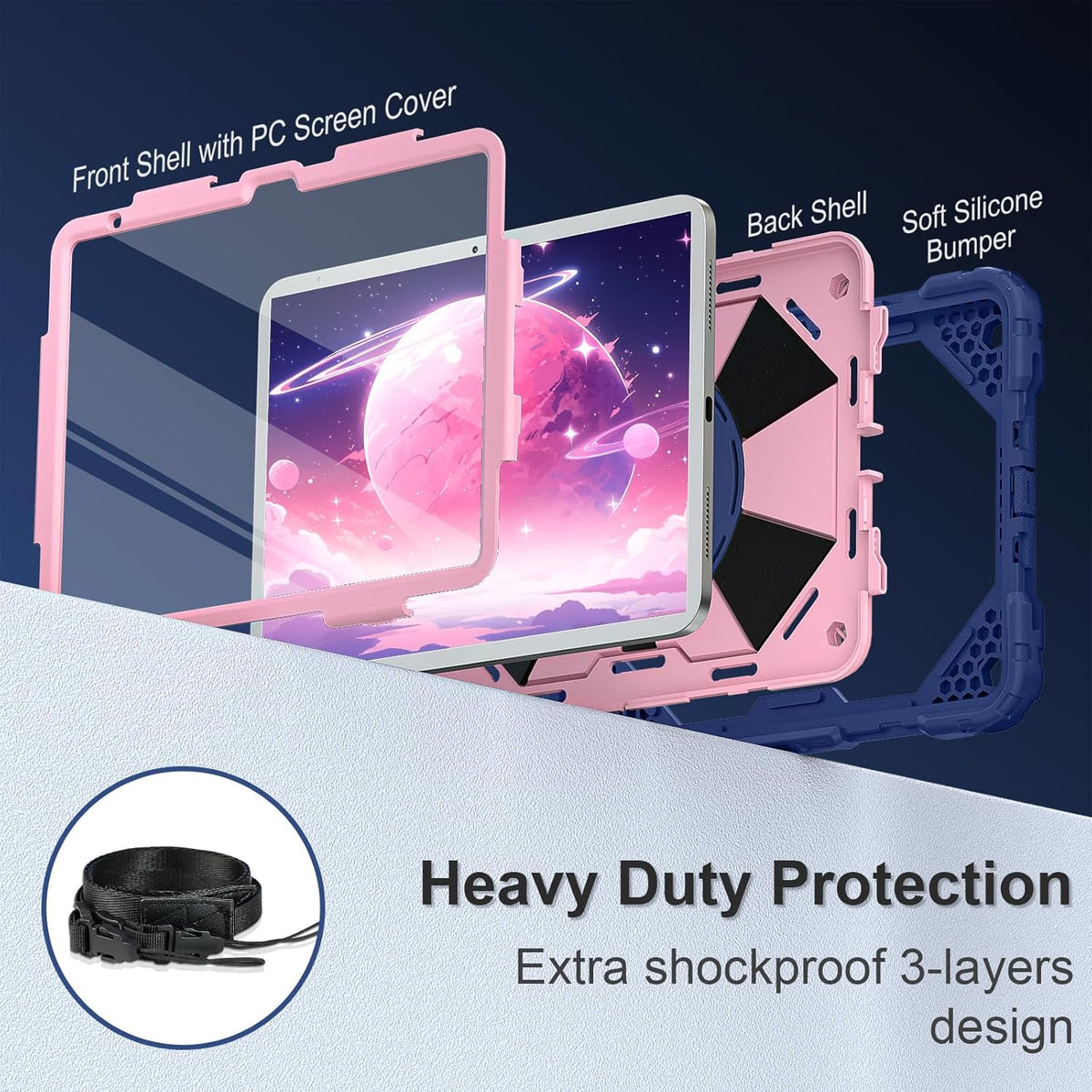 Case for iPad (A16) 11th Generation 11 Inch (2025), iPad 10th Generation Case 10.9 Inch (2022), Shockproof Cover with 360° Rotating Stand Screen Protector Pen Holder Shoulder Strap, Navy Rose