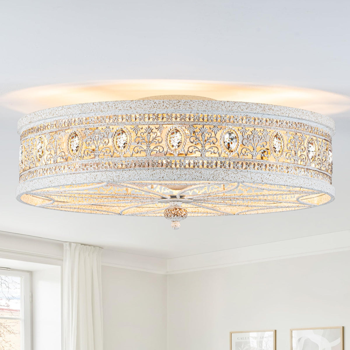 Vivlite French Country Caged Ceiling Fan with Light Low Profile Rustic Flush Mount Light Fixture with Crystal Details Bladeless