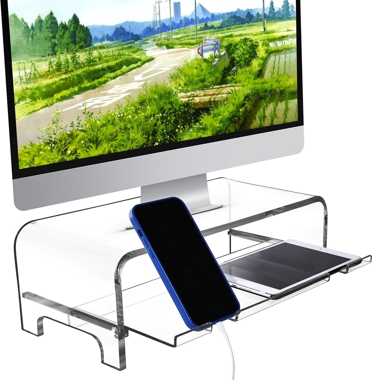 5.7 Inch AMT Acrylic Monitor Stand and Laptop Riser with Keyboard Cover, Clear Desktop Shelf for Office and Home