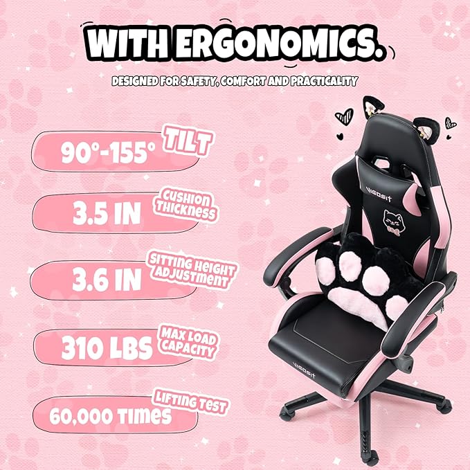 Gaming Chair Cute Cat Gaming Chairs with Paw Lumbar Cushion for Girls Video Gamer Chair with Footrest for Girl Teen Woman (Blackpink-A)