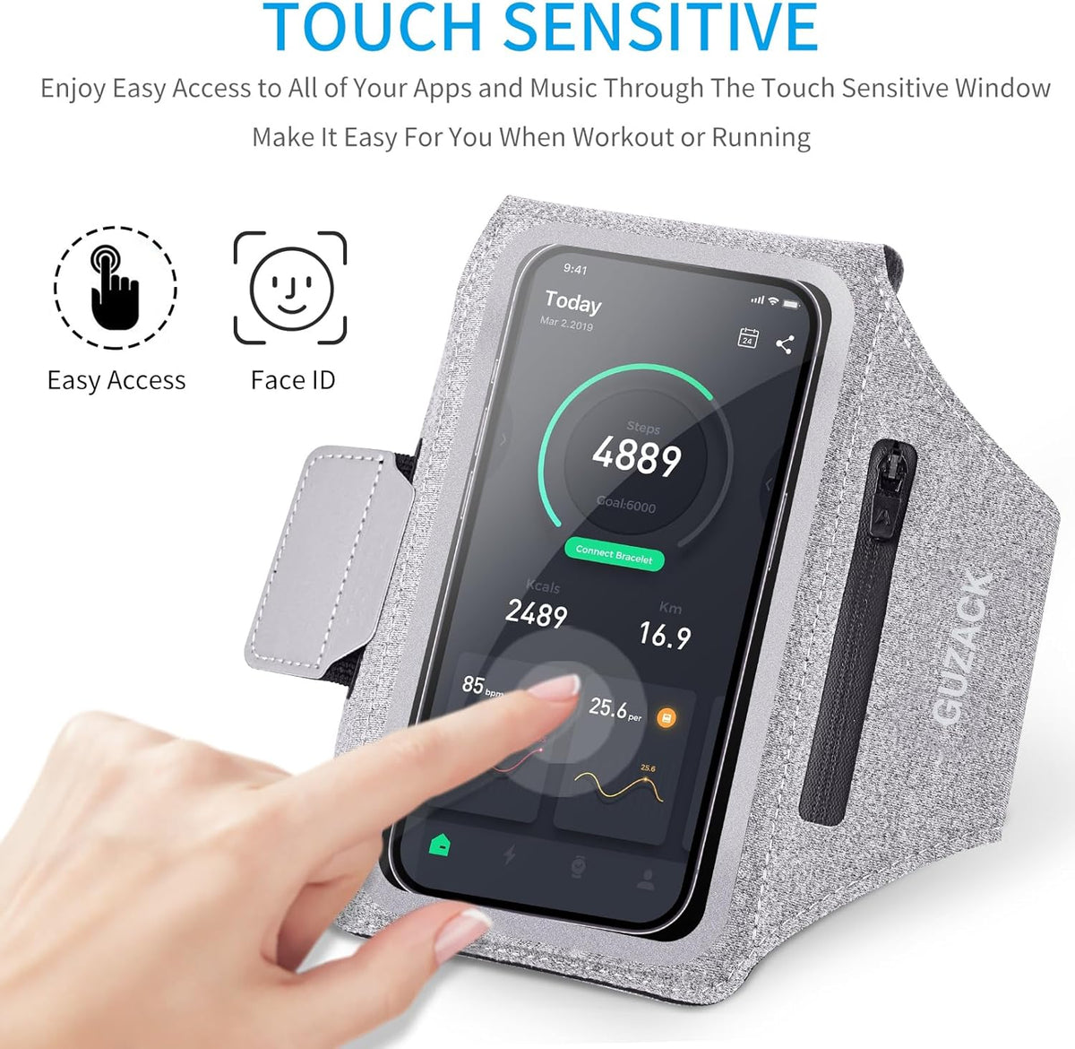 GUZACK Running Armband Case for iPhone 16/15/14/13/12/11 Pro Max, Galaxy S25/S24/S23/S22, Universal Cell Phone Arm Holder with Key Pocket & Card Slot, Gray