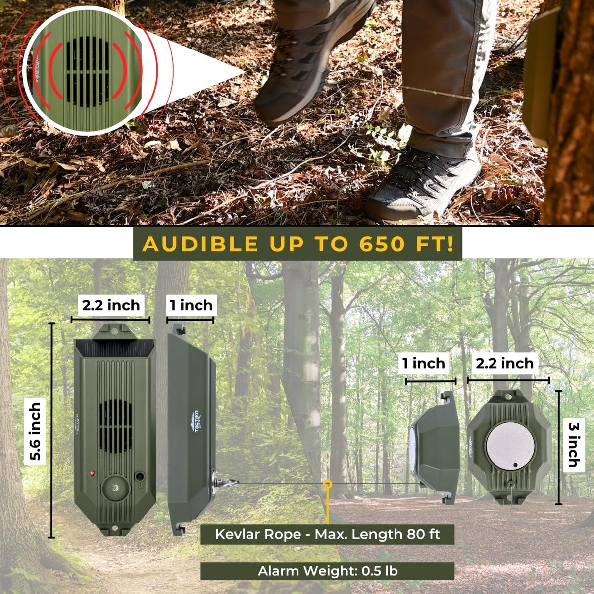 Tactiko Wire Trip Perimeter Alarm 2.0, 129 dB Rechargeable Perimeter - 80ft Kevlar Tripwire, Solar/USB, Weatherproof, Bear Deterrent for Camping