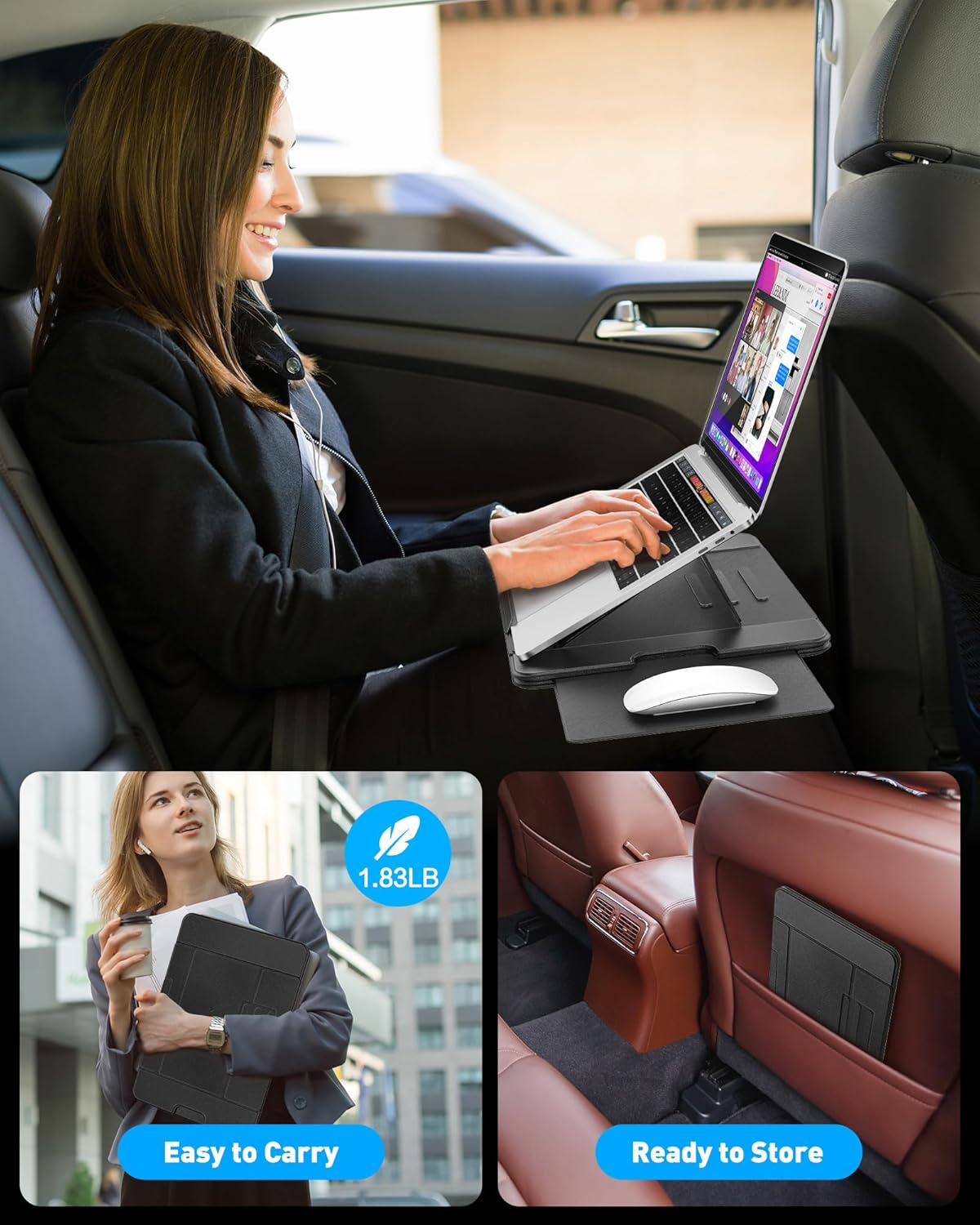 AboveTEK Adjustable Laptop Lap Desk, 3 Ergonomic Angles, PU Leather Non-Slip Surface, Heat Shield, Retractable Mouse Pad, Portable Laptop Lap pad Workstation for Bed, Sofa, Travel