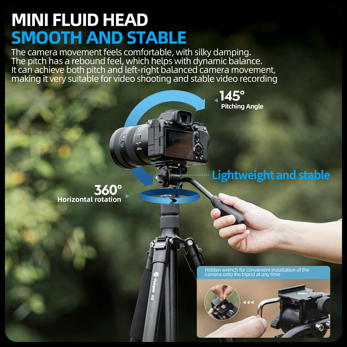 Fotopro 73'' Camera Tripod, Foldable Aluminum Tripod/Monopod, Detachable Fluid Head with Quick Release Plate, Lightweight Tripod for Camera, Phone