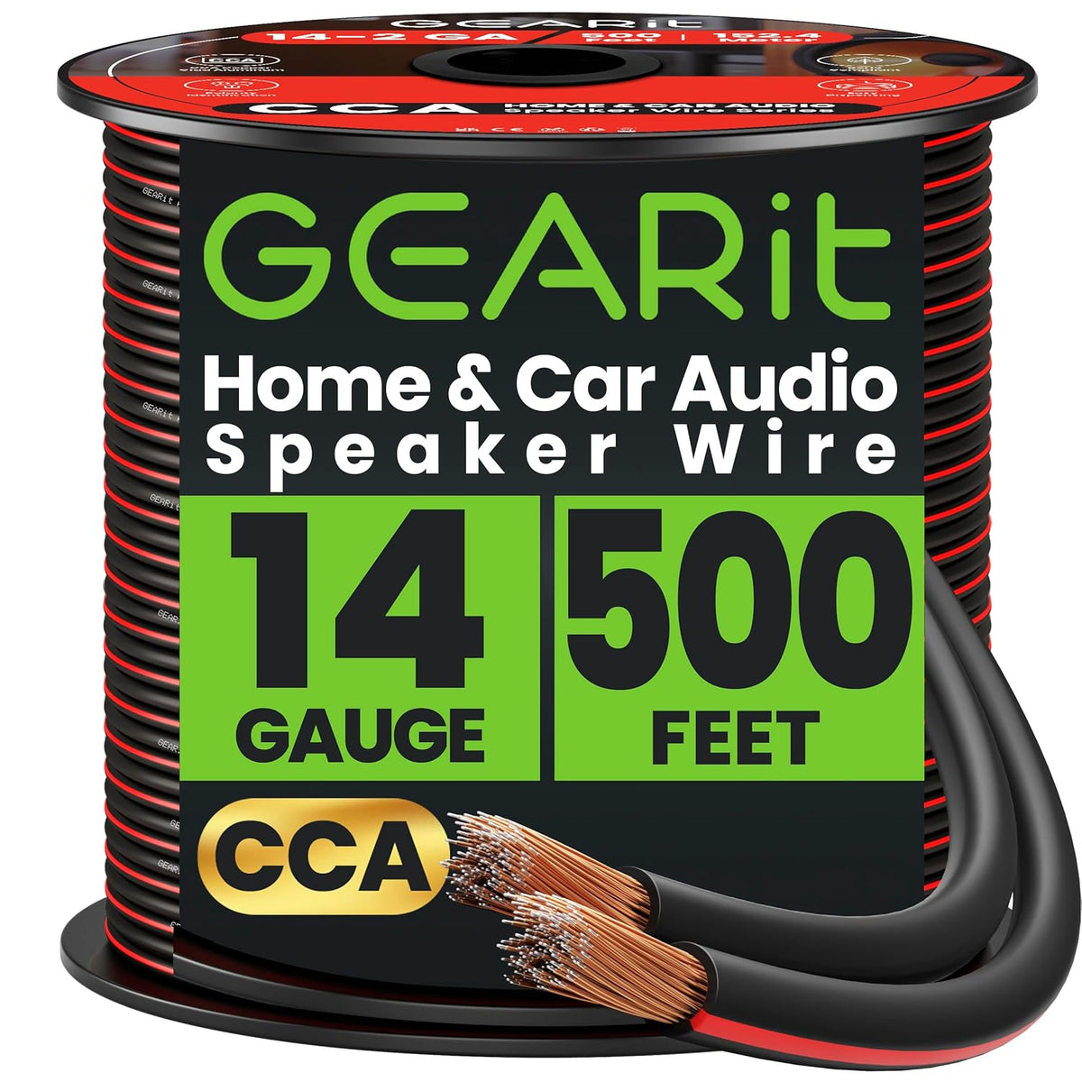 GEARit Speaker Wire 14 Gauge, Speaker Cable 500ft for Car Audio, Home Theater, CCA(Black)