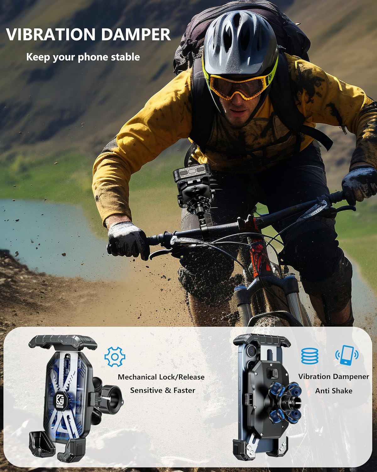 Kewig Motorccyle Phone Mount with Vibration Dampener, 1s Lock Motorcycle Phone Holder with Aluminum Alloy Mounting Base, Bike Handlebar Phone Holder for Motorcycle Bike Scooter, for 5.5''-7.2'' Phones