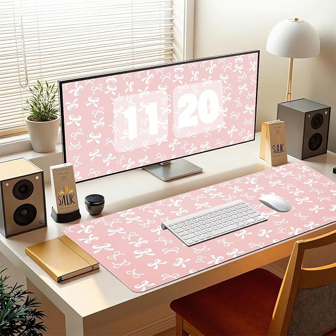 Cute Pink Bow Office Desk Mat 23.6''X11.8''Aesthetic Bowknot Desktop Mat Pu Leather Large Mouse Pad Trendy Kawaii Mousepad Non-Slip Table Mat for Girls Women Home Work Computer Game