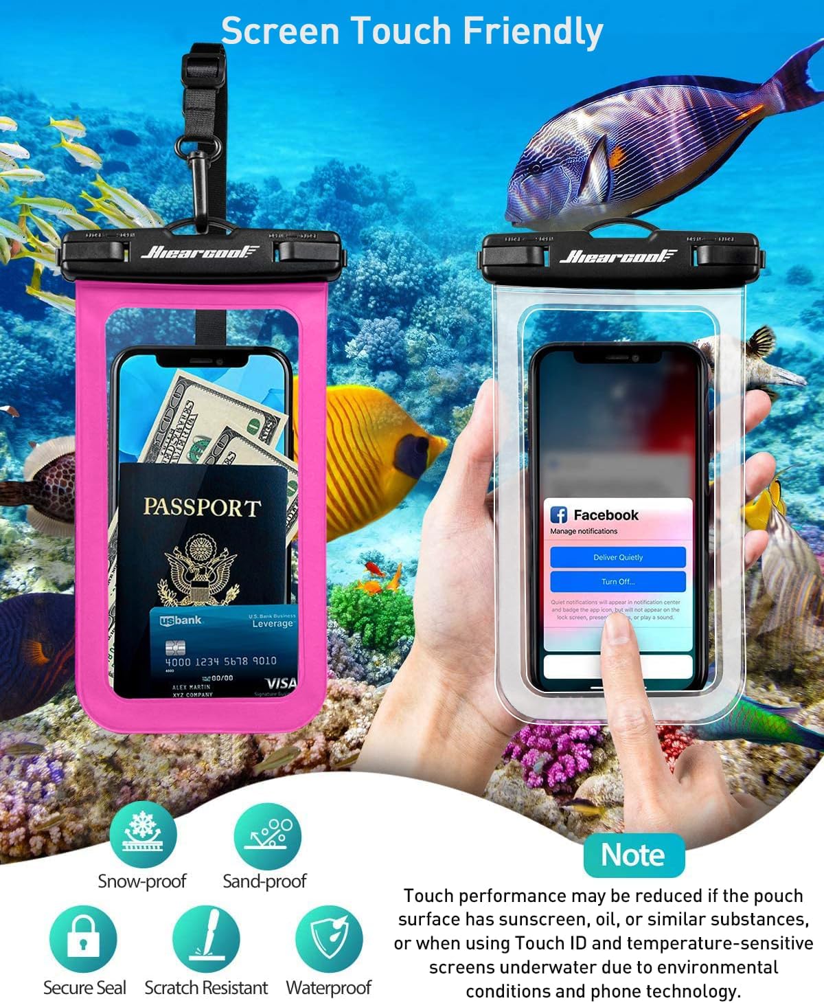 Hiearcool Universal Waterproof Phone Pouch,IPX8 Cell Phone Waterproof Case Up to 8.3" for iPhone 16 15 14 13 Pro Max,Beach Essentials Vacation Must Haves-Clear&Bright Red-2Pack