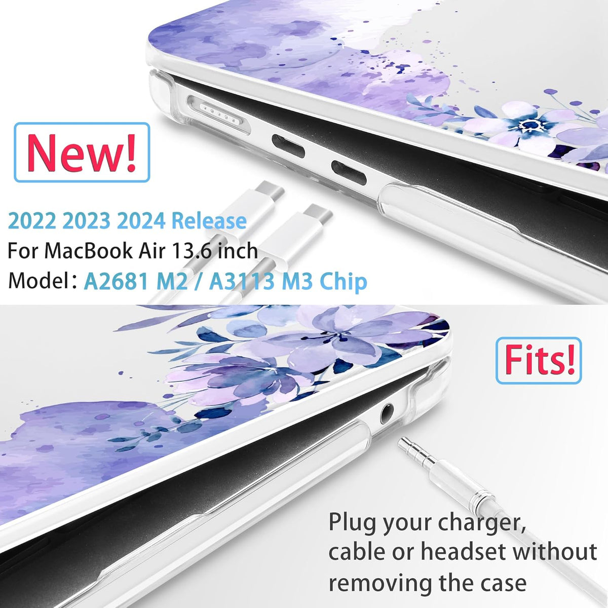 Mektron for 2025 M4 MacBook Air 13.6 Inch A3240 Case Fits 2023 A2681 M2 2024 A3113 M3 Chip with Liquid Retina Display Touch ID, Printed Plastic Hard Shell Cover for MacBook Air 13.6", Purple Floral