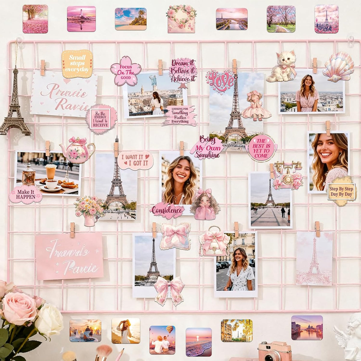 50 Pink Vision Board Stickers - Pcs Cute Aesthetic Travel Planner Scrapbooking Supplies Kit for Adults Women