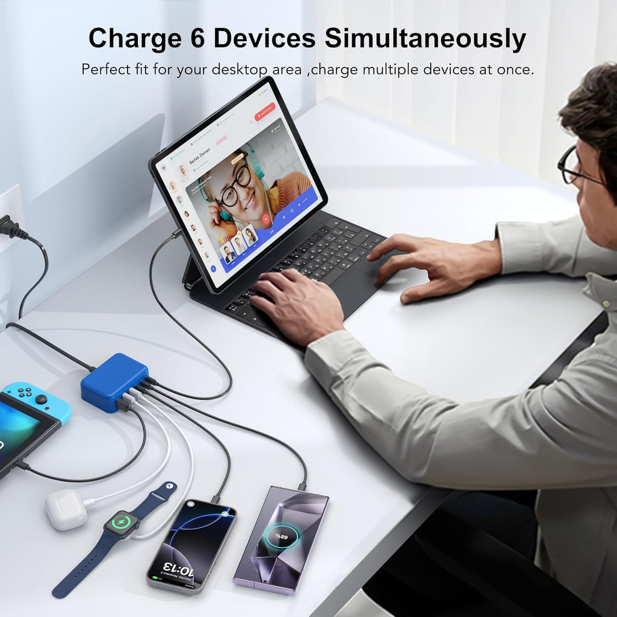 USB C Fast Charger 100W GaN 6 Port Type USB C Charging Station Hub Block Wall Charger Power Strip Adapter Plug Cube Brick 3 USB A for iPad iPhone16 15 14 13 12 11 Pro Max Pixel Note Galaxy