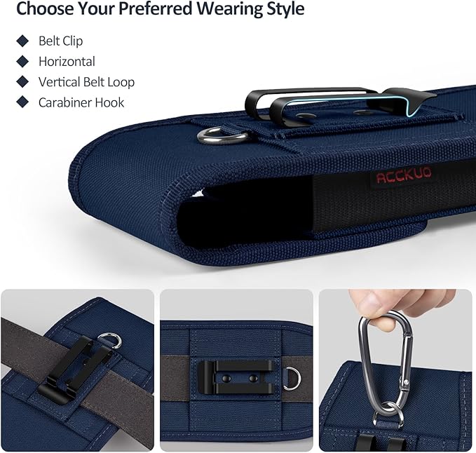 ACCKUO Phone Holster for Belt with Metal Clip and Magnetic Closure Compatible with iPhone 17 Air, 16/15/14/13/12 Pro Max, Galaxy S26/S25/S24/S23/S22 Plus & FE for Everyday Protection, L-Blue