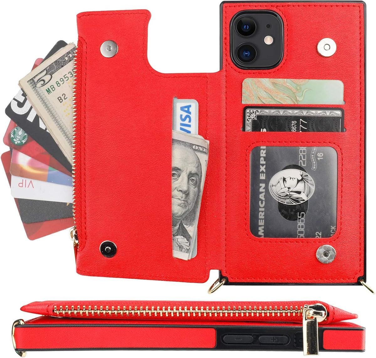 Bocasal Crossbody Wallet Case for iPhone 11 with Card Holder,Zipper Card Slot Protector Shockproof Purse Cover with Removable Cross Body Strap 6.1 Inch(Red)