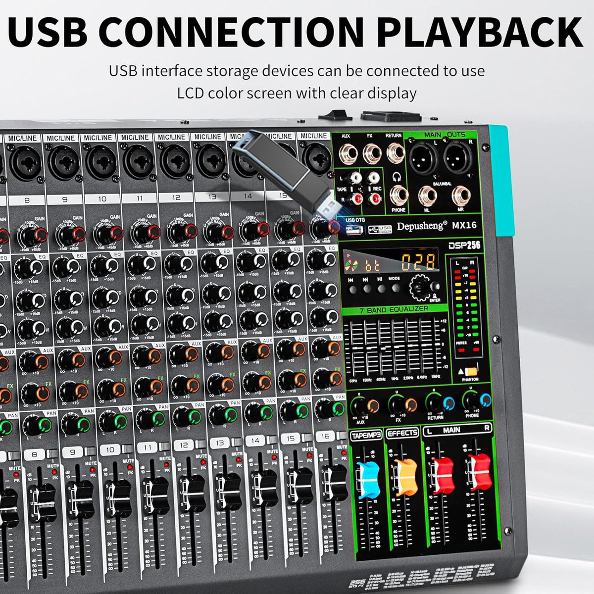 Depusheng MX16 16 Channel Sound Mixer Audio Mixing Console 48V 256DSP Professional USB PC Play Record Podcast Live Broadcast (US MX16)