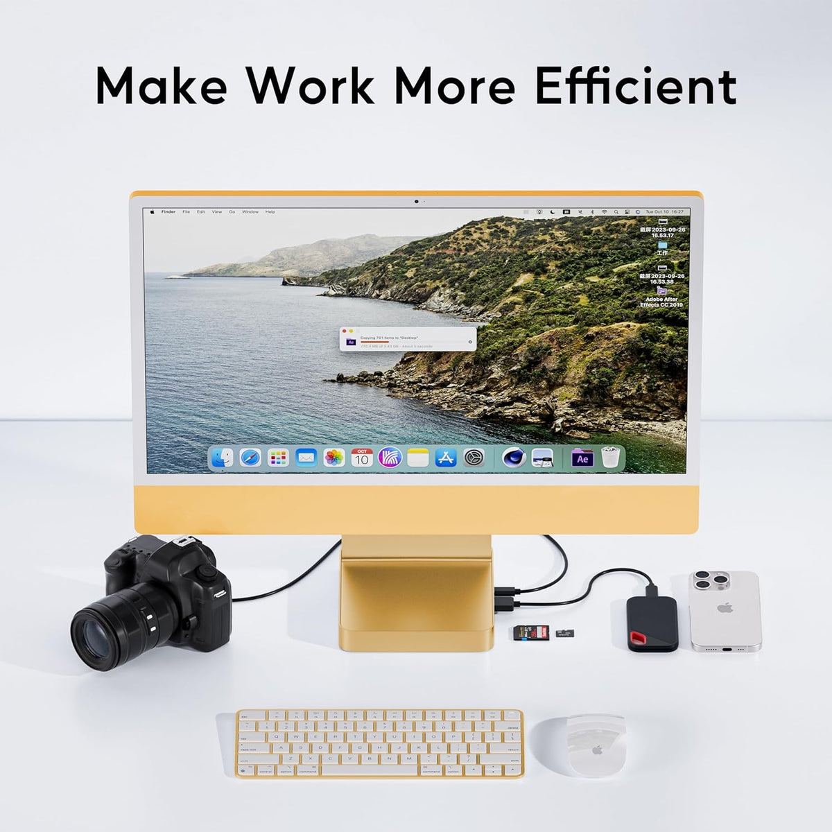 USB C HUB for iMac 24 inch 2021/2023/2024, PULWTOP USB Hub Adapter iMac Accessories for iMac M1/M3/M4 with USB C 10Gbps 3*USB A SD/TF, Docking Station Support Expand M.2 SSD (Not Included),Yellow