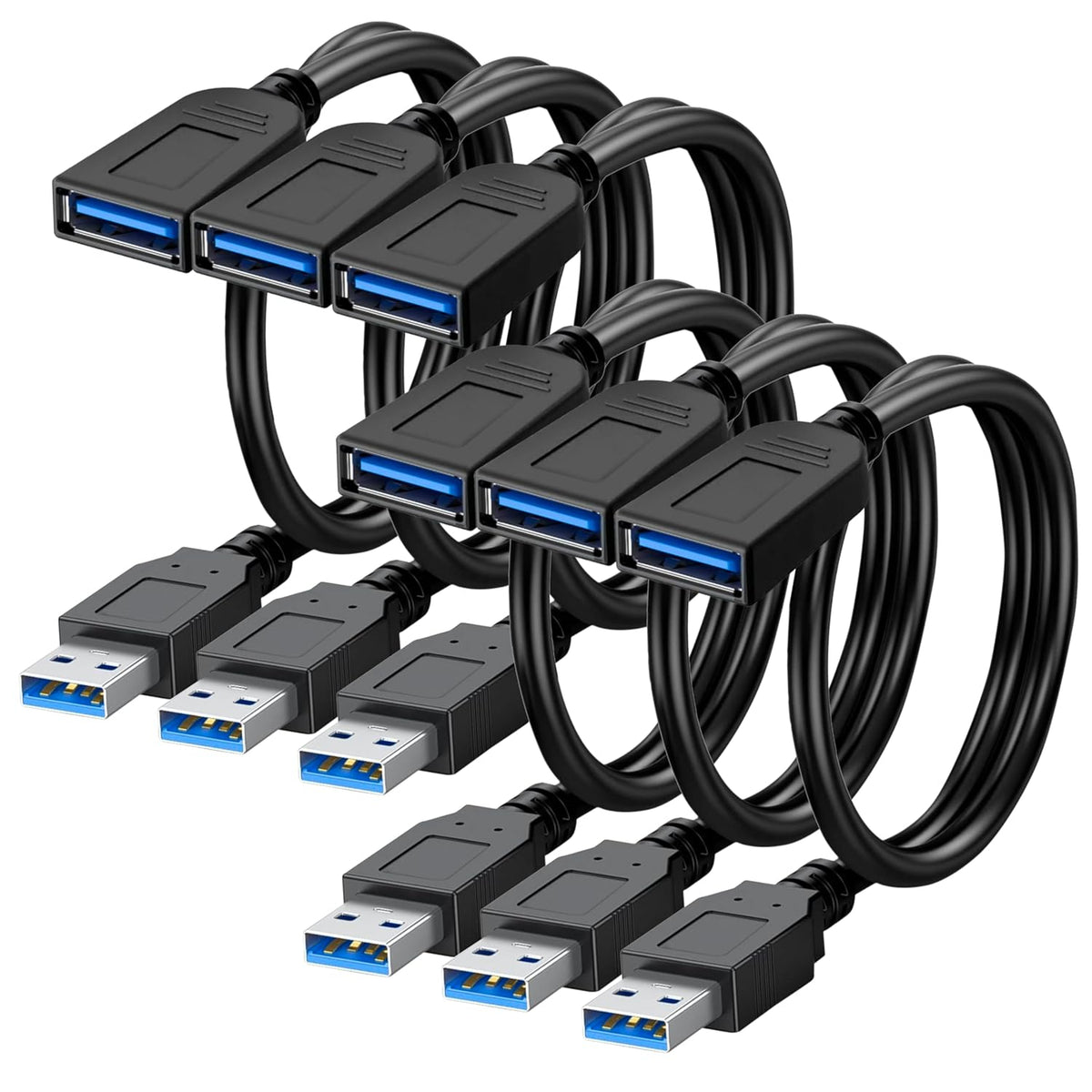 6 Pack 1 3.0 3.0 SaiTech IT Short Length Feet USB Extension Cable, USB A Male to Female Extender - Black