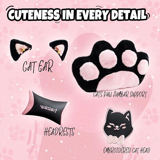 Gaming Chair Cute Cat Gaming Chairs with Paw Lumbar Cushion for Girls Video Gamer Chair with Footrest for Girl Teen Woman (Blackpink-A)