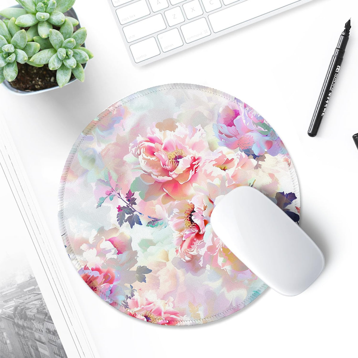 ITNRSIIET Round Mouse Pad with Stitched Edge Premium-Textured Waterproof Non-Slip Rubber Base Desktop Protection Mat Diameter 8.7 inches, Beautiful Flowers