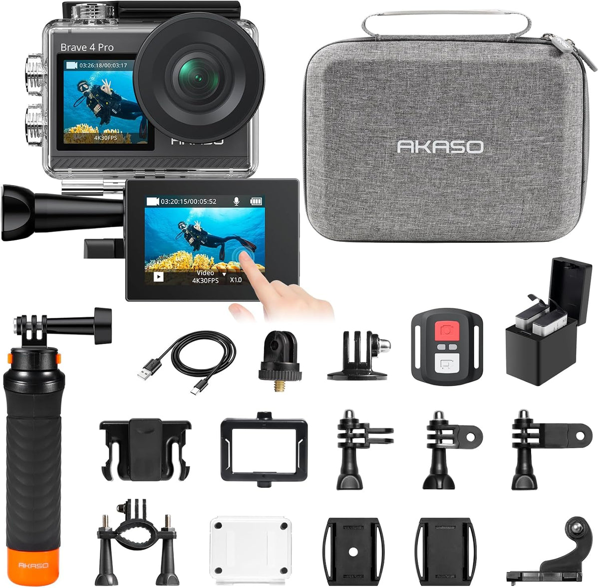 AKASO Brave 4 Pro Action Camera with Waterproof Floating Hand Grip Bundle - 4K30 20MP Ultra Hd EIS 131ft Underwater Camera 5xZoom Touch Screen WiFi Remote Control with Helmet Carry Bag Accessories Kit