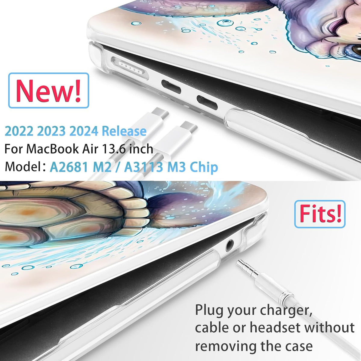 Mektron for 2024 M3 MacBook Air 13.6 Inch A3113 Case Fits 2022 2023 A2681 M2 Chip with Liquid Retina Display Touch ID, Printed Plastic Hard Shell Cover for MacBook Air 13.6", Cute Turtle