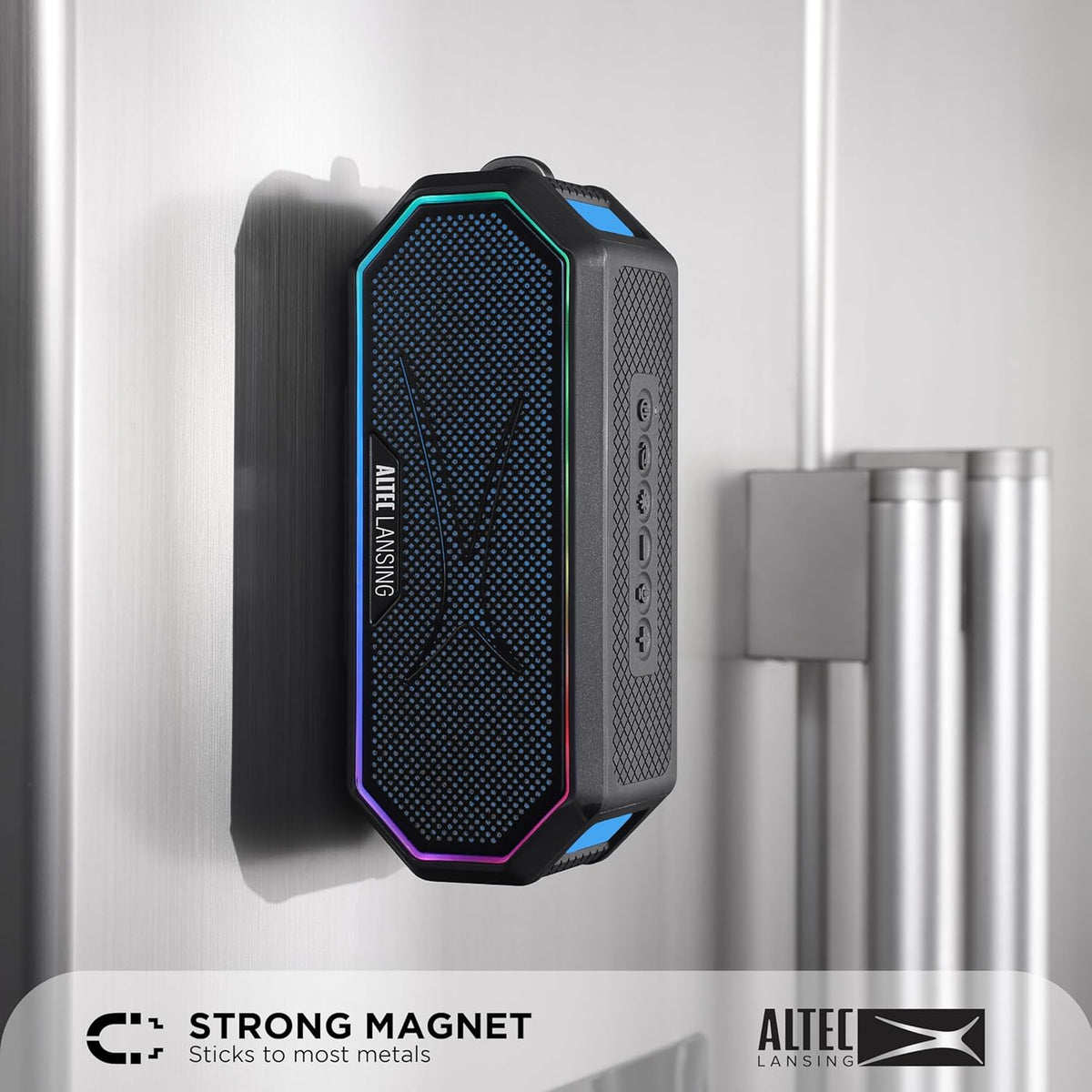 Altec Lansing Magnetic Bluetooth Speaker HYDRAJOLT 2.0, Waterproof IP67, 12W Output Power, 16H Battery, Multicolor LED, 100ft Wireless Range, Voice Assistant, USB-C Quick Charge
